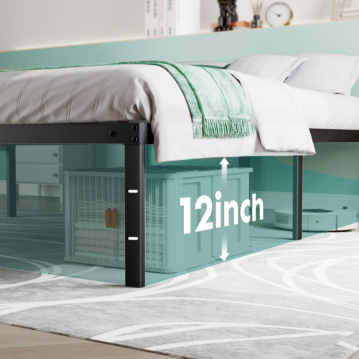 Sweetcrispy Queen Bed Frame - Heavy Duty Metal Platform Bed Frames Queen Size with Storage Space Under Frame, No Box Spring Needed, 14 Inches, Sturdy Steel Slat Support Sweetcrispy