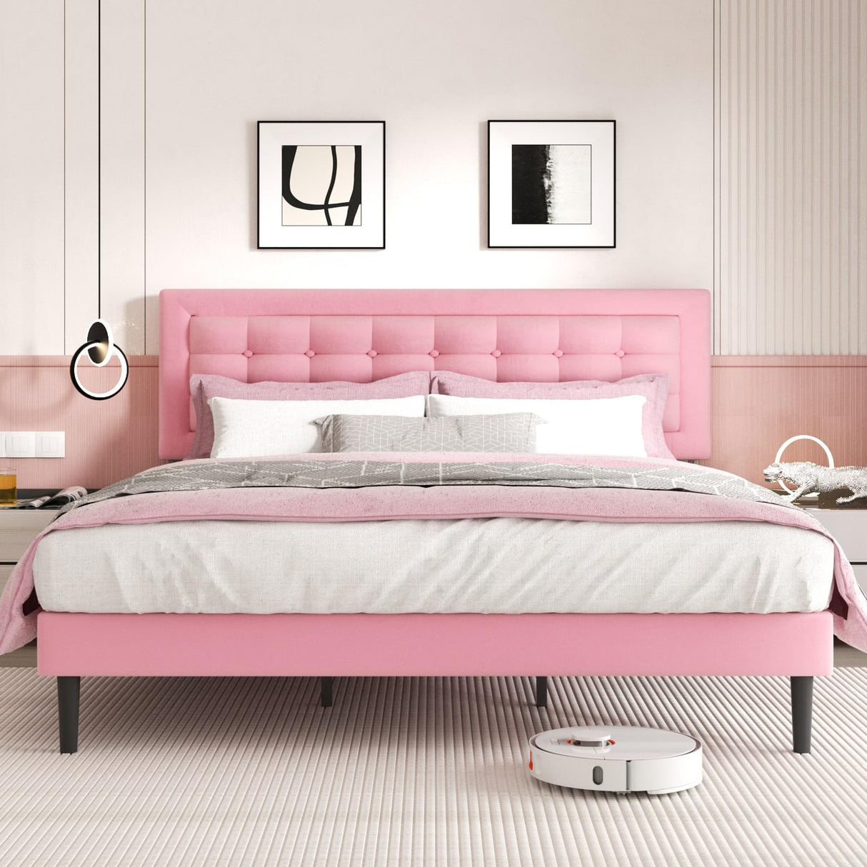 CXVX King Size Bed Frame with Headboard, Platform Bed Frame with Velvet Upholstered Button Tufted Headboard, Wood Slats Support, No Box Spring Needed, Mattress Foundation, Easy Assembly, Pink CXVX