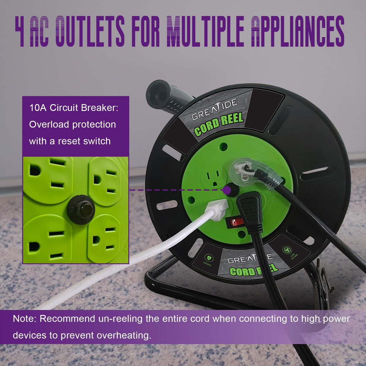 GREATIDE Heavy Duty Extension Cord Storage Reel with 4Grounded Outlets, 10A Circuit Breaker, Retractable Hand Wind, Portable Empty Hand Crank Open Cord Reel for 12/3 14/3 16/3 Gauge Power Cord, Green GREATIDE