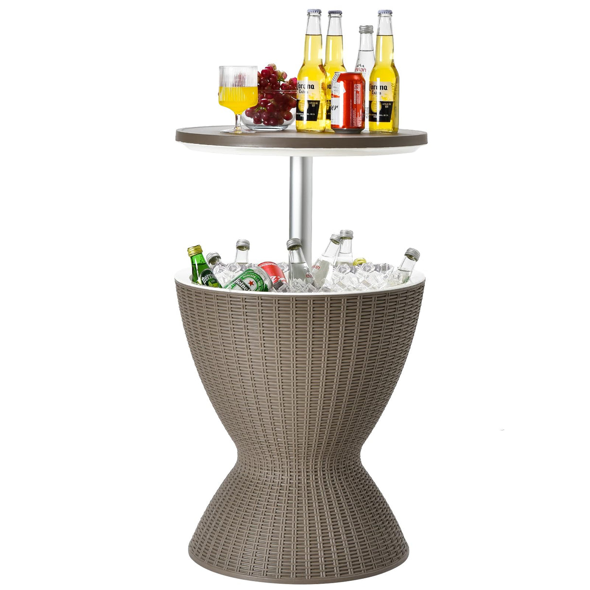 Tangkula Outdoor Cool Bar Table, Rattan Style Patio 8 Gallon Beer and Wine Cooler, All-Weather Ice Bucket w/Height Adjustable Top, Drainage Plug, 3-in-1 Cocktail Coffee Table for Party, Pool (Coffee) Tangkula