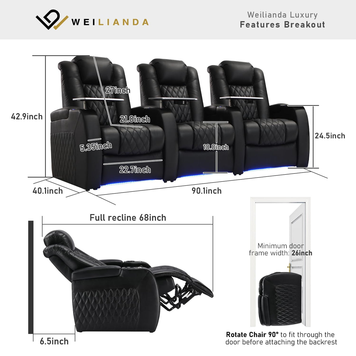 Weilianda Home Theater Seating Top Grain Leather Zero Gravity Recliner Chair Power Headrest Recline Movie Seat Gaming 7 Colors Mood Light Sofa with Tray Table USB Charge Row of 3 Black Weilianda