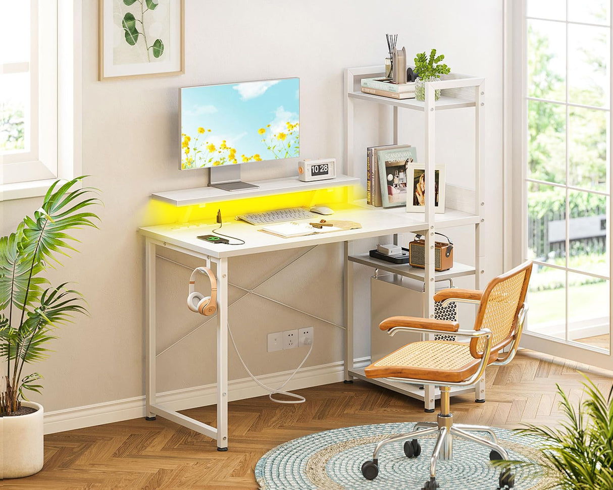 ODK Reversible Gaming Desk with USB Charging Port and LED Lights, 40 Inch Computer Desk with Storage Shelves & Monitor Stand, Writing Study Table for Home Office, Small Space Bedroom, White ODK