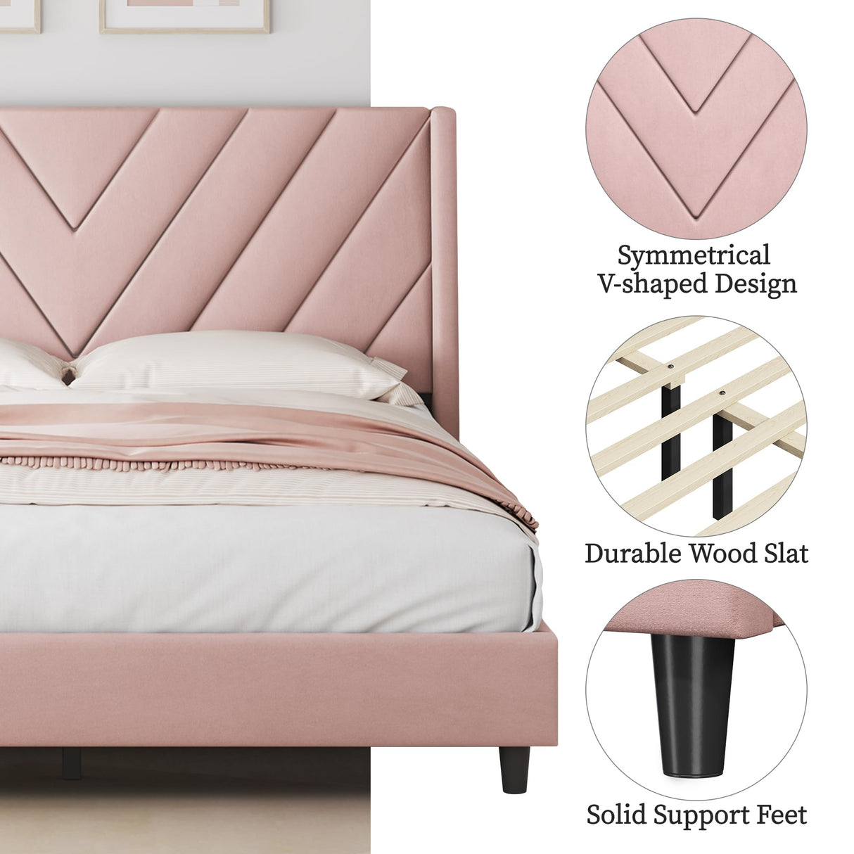 Yaheetech Queen Bed Frame Upholstered Platform Bed with Wing Side/Wooden Slat Support/Tufted Headboard with Wing Side/Mattress Foundation/No Box Spring Needed,Pink Queen Bed Yaheetech