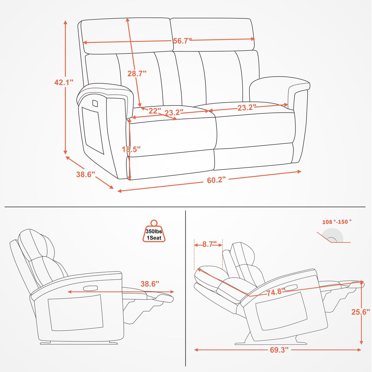 MCombo 60.2" Power Loveseat Recliner Sofa with Massage and Dual Heating, Adjustable Headrest, USB & Type C Port for Living Room, Fabric PR606M1 (Mist Grey) MCombo