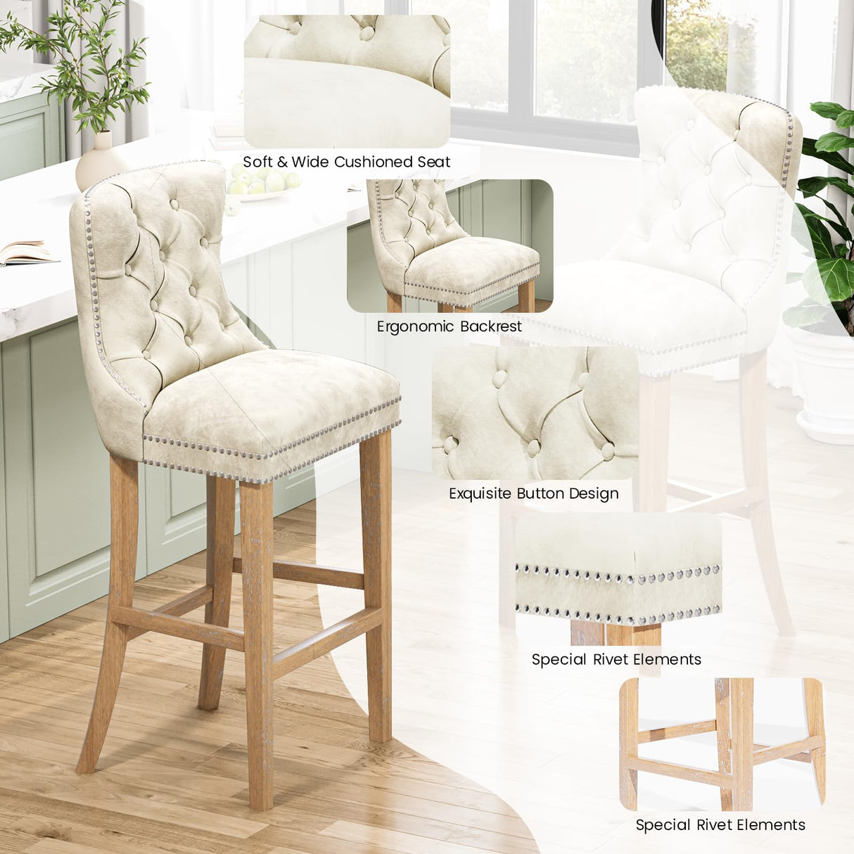 DKLGG 27''H Counter Height Bar Stools Set of 2, Velvet Tufted High Bar Stools with Back and Footrest, Upholstered Bar Tall Chairs for Kitchen Island, Dining Room, Pub(Beige) DKLGG