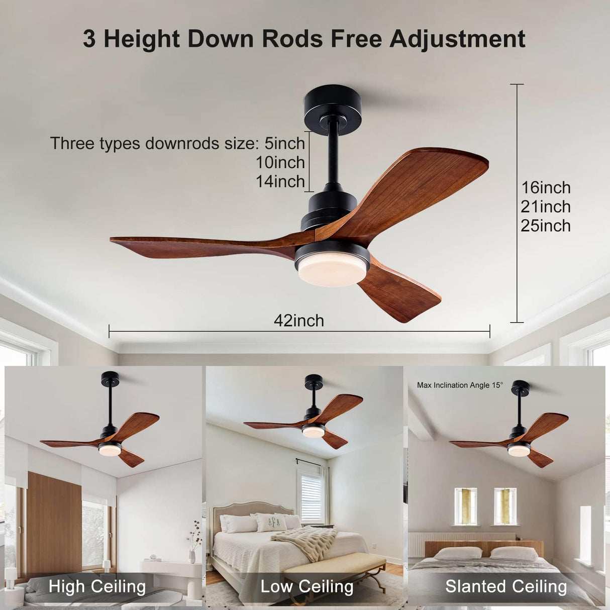 XBIBI 42 Inch Ceiling Fans with Lights and Remote, Modern 3 Blades Wood Ceiling Fan with light, 6 Speed Quiet DC Motor, Indoor Outdoor Ceiling Fan for Patio Bedroom Living Room Kitchen Office XBIBI