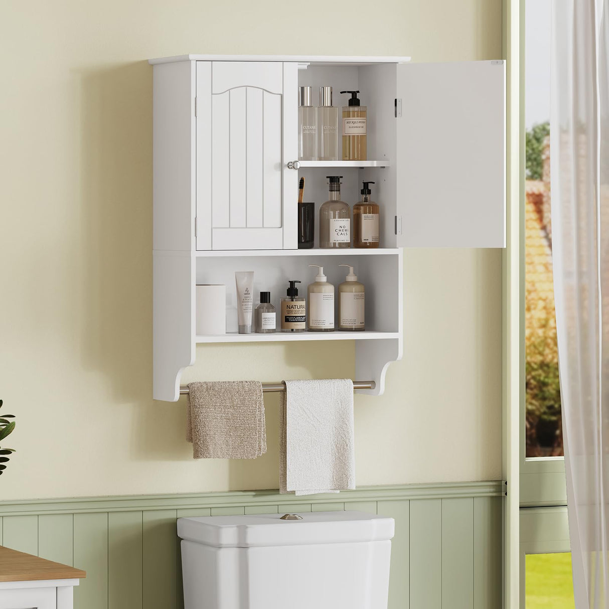 TEENFON Bathroom Wall Cabinet with Adjustable Shelves and Towel Rack, Wall Mounted Over The Toilet Storage Cabinet for Bathroom, Living Room, White 7.09" D x 15.35" W x 22.04" H TEENFON