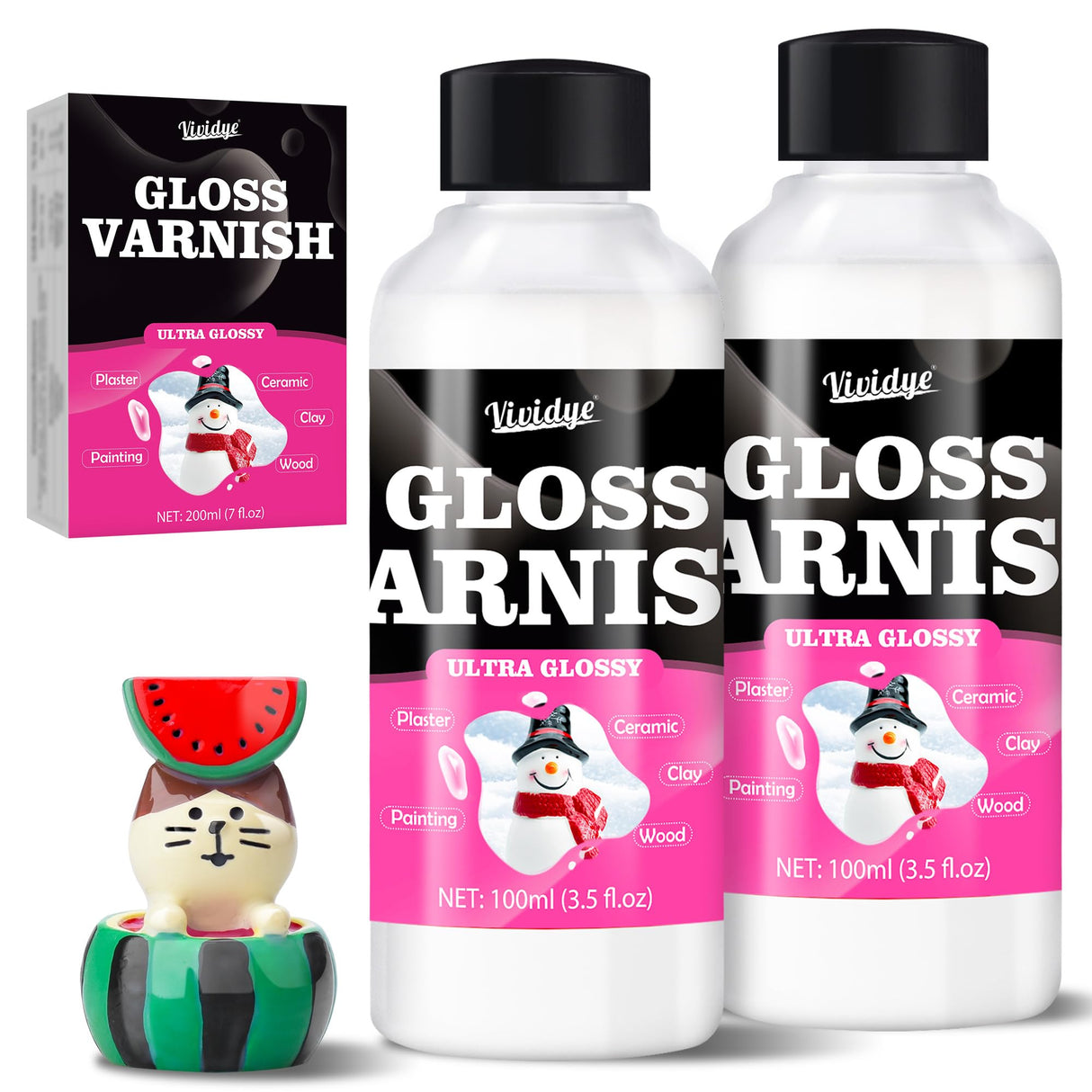 Air Dry Clay Varnish, 200ml/7oz High Gloss Varnish, Ceramic Glaze, Clear Clay Sealant with Brushes for Craft Pottery, Acrylic Painting, Wood, Prevent Cracking Scratches Wear, Waterproof Vividye