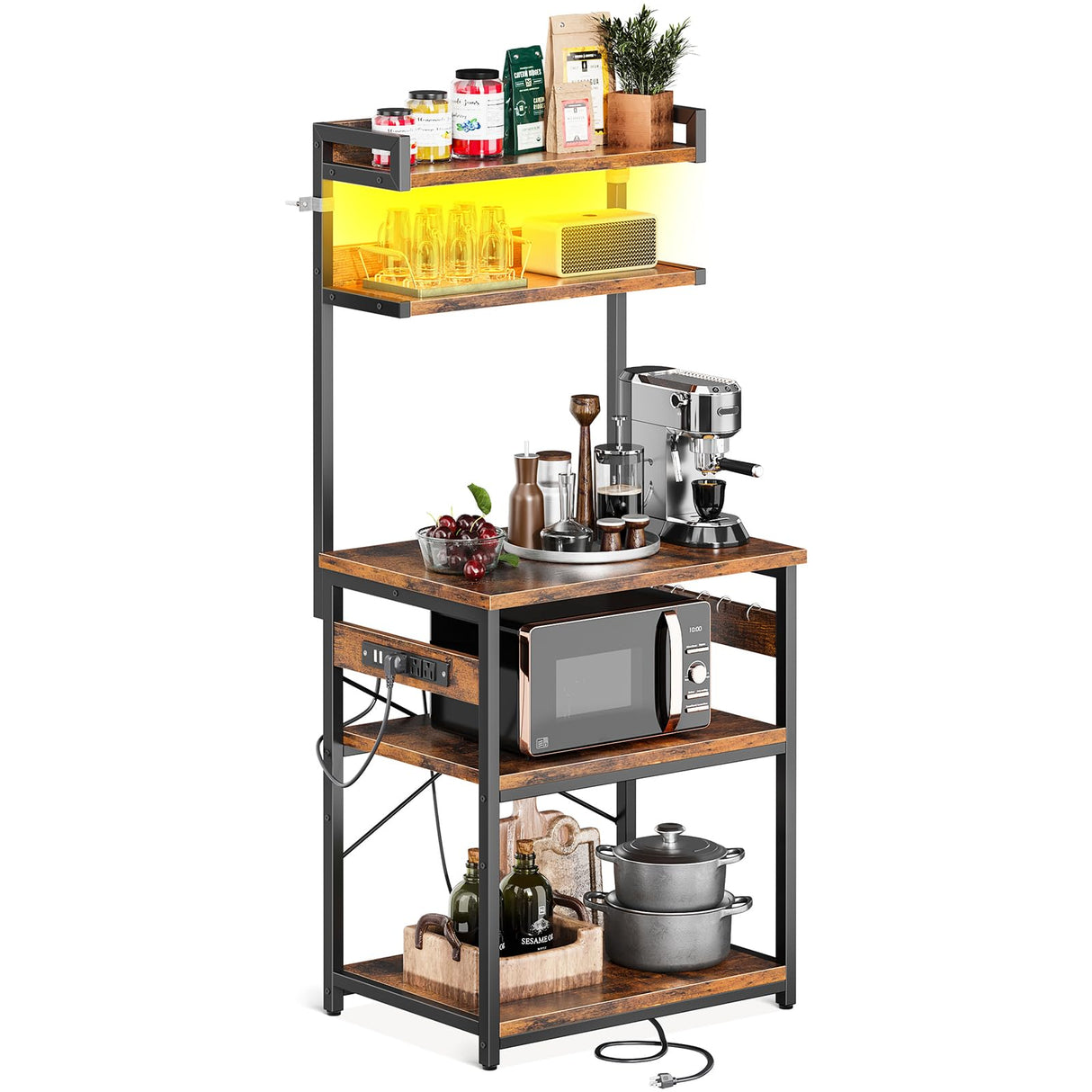 Casaottima Bakers Rack with Power Outlet & LED Lights, Coffee Bar with Storage 5-Tiers, Microwave Stand Kitchen Shelf 16.5 * 23.6 * 59 inches, Kitchen Coffee Rack, Rustic Brown Casaottima