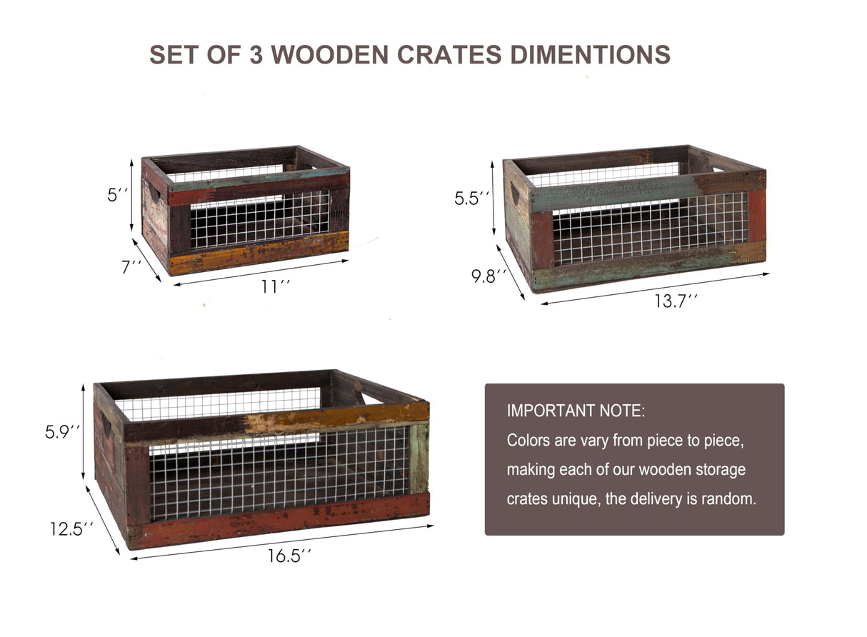 TIMRIS Set of 3 Rustic Wood Nesting Crates, Farmhouse Distressed Wooden Storage Boxes, Decorative Reclaimed Wood Organizer Baskets with Wire Mesh (Random) TIMRIS