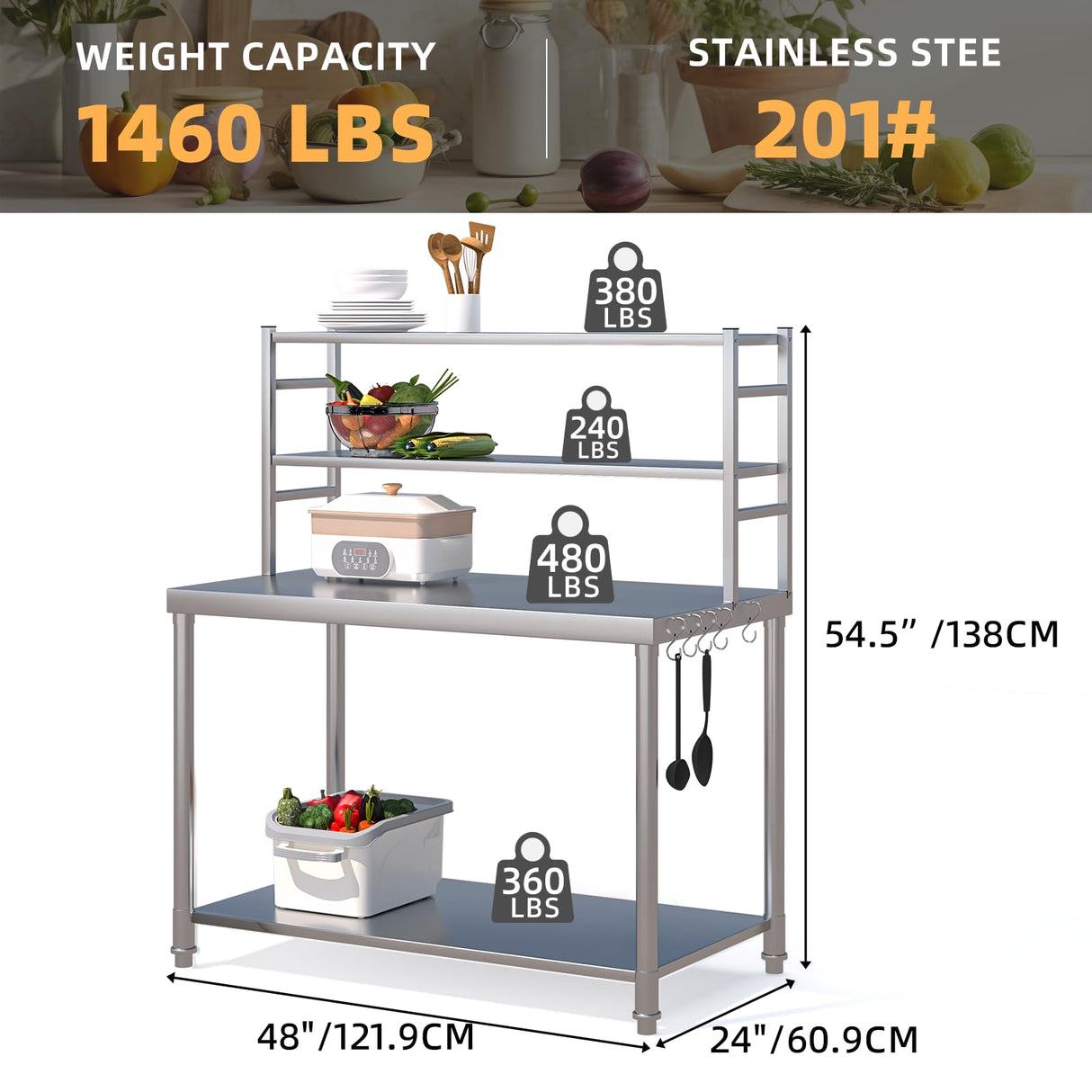 JFHID Stainless Steel Table with Overshelves 48"x24" with 2 Adjustable Tier Shelves Commercial Kitchen Prep Table Countertop Metal Work Table Workbench for Garage Home Restaurant Warehouse JFHID