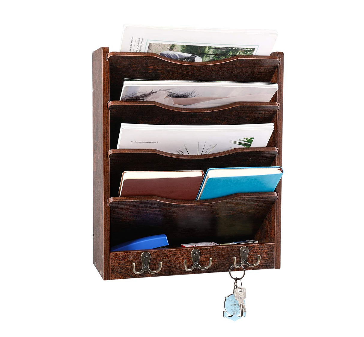 PAG 5-Tier Wall File Holder Hanging Mail Organizer Wood Magazine Literature Rack with 6 Hooks, Brown PAG