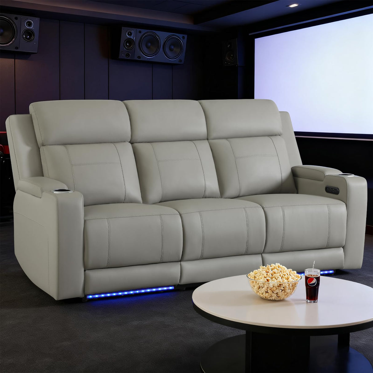 P.H.Furn Power Recliner Sofa, Home Theater Seating with Adjustable Headrest, Blue LED Lighting, Reclining Loveseat, Flip-Up Backrest Storage, Multi-Port Charger, Cup Holder, USB P.H.Furn