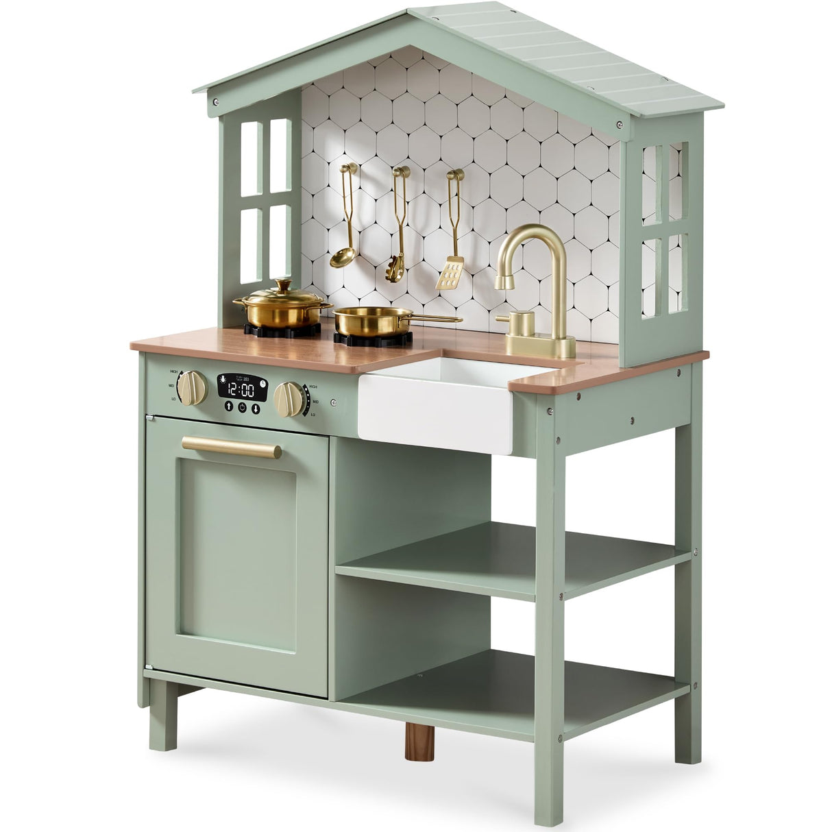 Best Choice Products Pretend Play Wooden Farmhouse Kitchen Set for Kids w/ Toy Storage, Clicking Knobs, Windows, 5 Accessories Included - Sage Best Choice Products