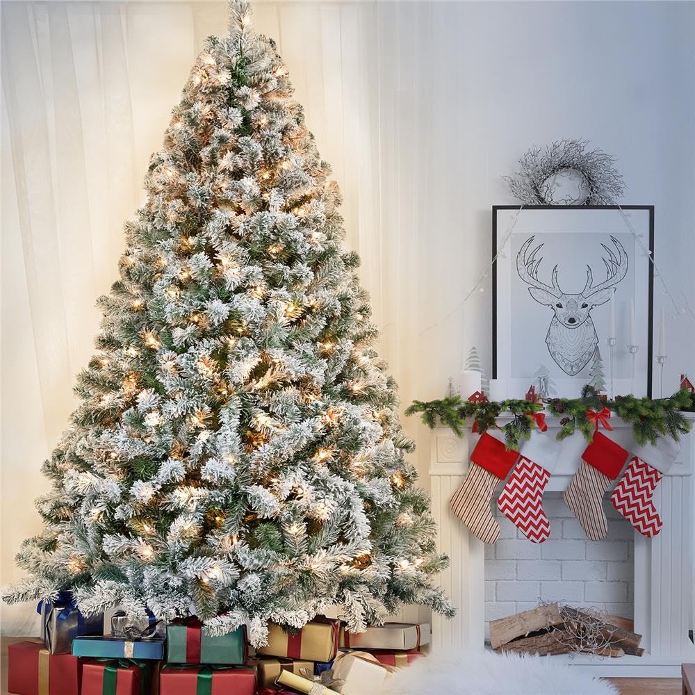 Yaheetech 7.5ft Pre-lit Artificial Christmas Tree W/Incandescent Warm White Lights, Snow Flocked Full Prelighted Xmas Tree W/1284 Branch Tips, 550 Incandescent Lights & Foldable Stand, Green & White Yaheetech