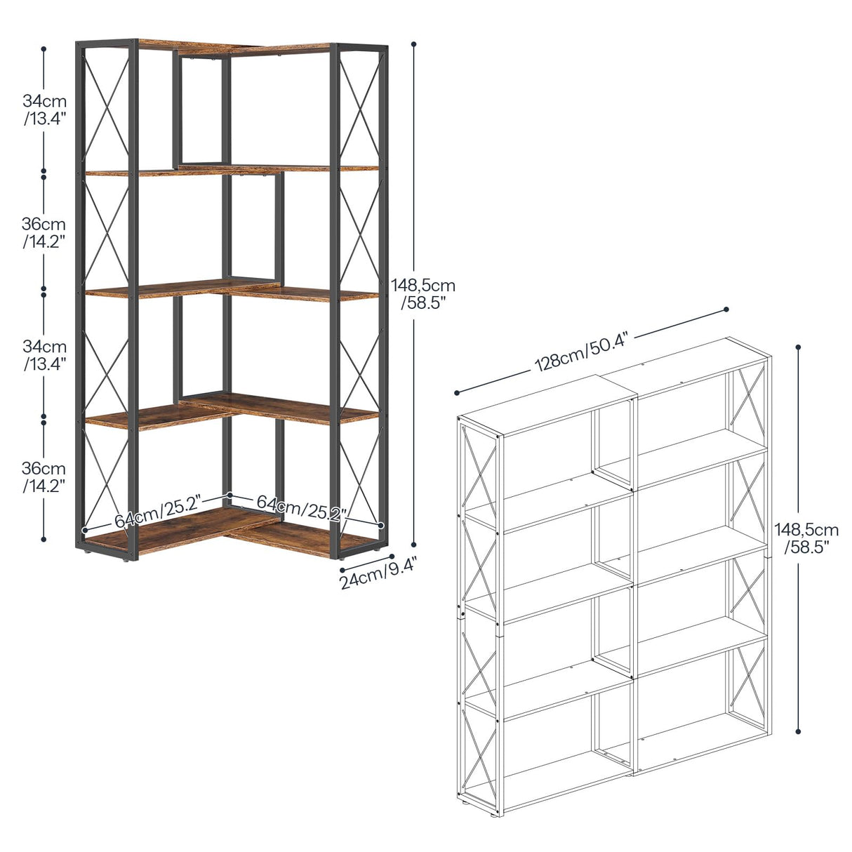 HOOBRO Corner Bookshelf, 5-Tier Industrial Corner Bookcase, Open Display Storage Rack, Vertical or L-Shaped, for Office, Living Room, Bedroom, Rustic Brown and Black BF66SJ01 HOOBRO