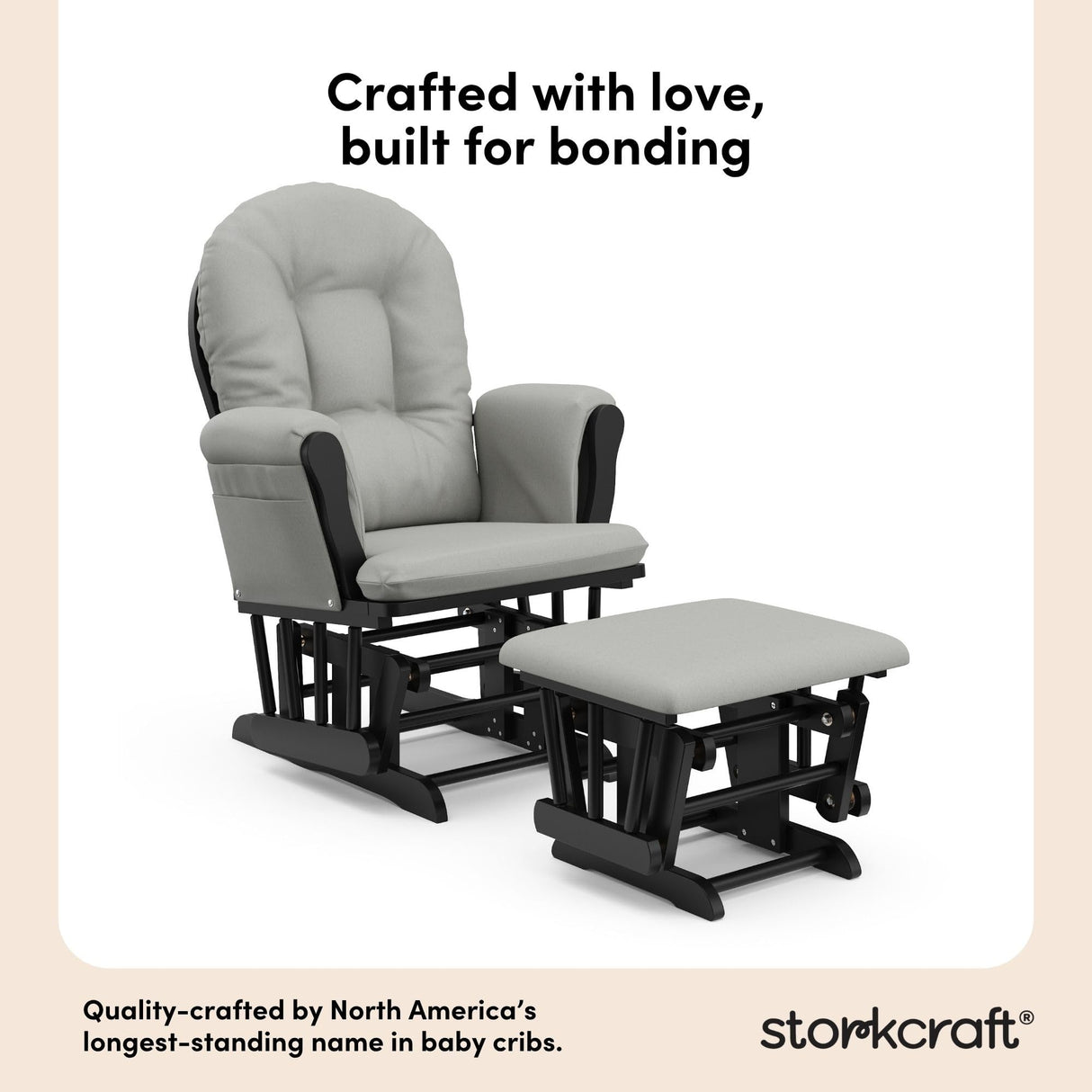 Storkcraft Premium Hoop Glider & Ottoman (Black with Light Gray) — GREENGUARD Gold Certified, Wood Craftsmanship, Convenient Storage Pockets, Smooth-Gliding Chair for Nursery, Multi-Award-Winning Storkcraft
