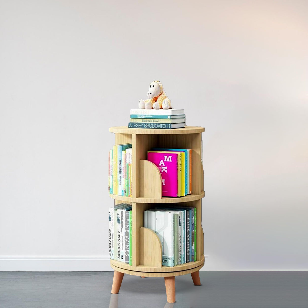 PrimeNex Rotating Bookshelf Tower 360° Display Bookcase, 2 Tier Floor Standing Book Shelf Storage Rack for Kids&Adult, Solid Wood Small Corner Bookshelf Organizer for Bedroom, Living Room, Natural PrimeNex