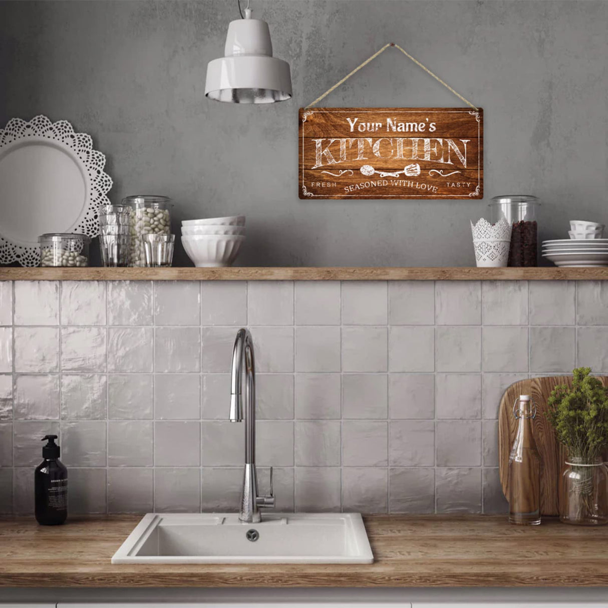 Personalized Kitchen Sign Rustic Farmhouse Home Wall Art Décor Custom Any Name Wooden Plaque Housewarming Gift Ideas For Mother & Women QLaZo