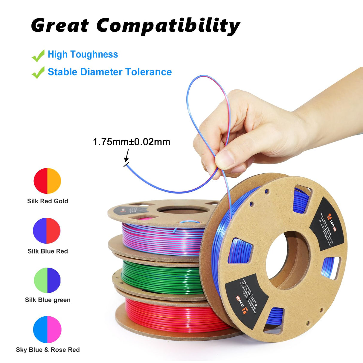 LOVOON 3D PLA Filament 1.75mm Bundle, Dual Colors 3D Printer Filament Bundle (Blue-Rose Red Gold-Red Blue-Red Green-Blue), Silk PLA Filament for 3D Pen Dimensional Accuracy +/-0.02mm, 200g x 4 Spools LOVOON