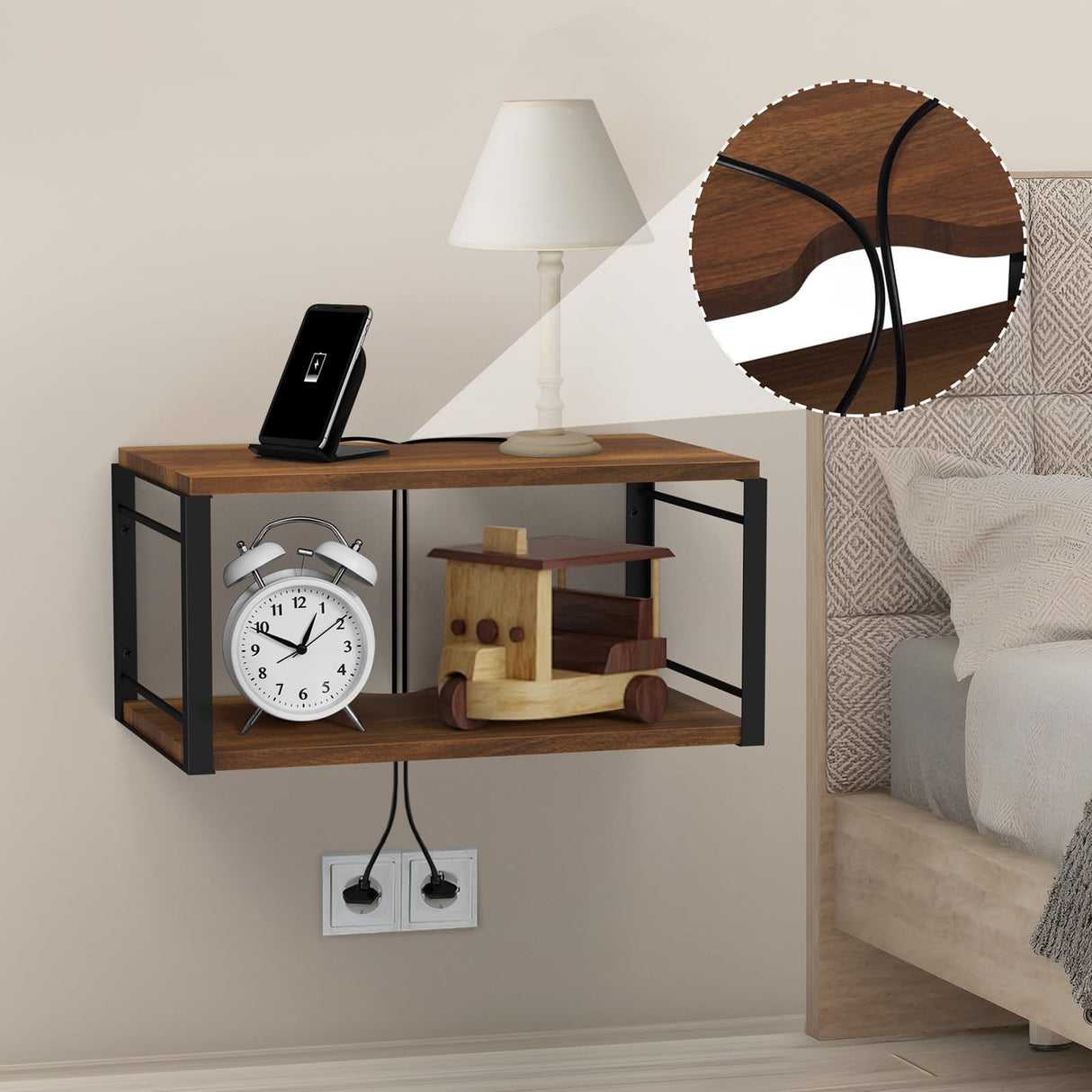 NANAGIFTREE Floating Nightstand, Wood Bedside Shelf Wall Mounted Nightstand, Floating Bedside Table Wall Shelf for Bedroom, Living Room, Bathroom, Kitchen, Office (Vintage Brown) NANAGIFTREE