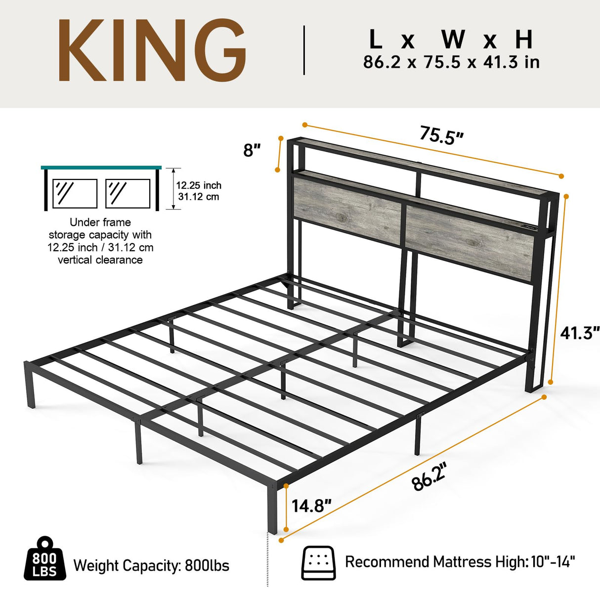 King Size Bed Frame with Headboard, Metal Platform Bed Frame with LED Lights & Charging Station, Under Bed Storage, Solid and Stable, No Box Spring Needed, Noise Free, Easy Assembly, Rustic Grey RVONOW
