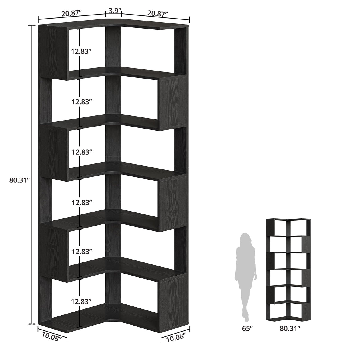 IRONCK Corner Bookshelf, 80.3" Tall Corner Bookcases with Anti-Drop Panel, Corner Shelf Storage Display Rack for Living Room Home Office, Black IRONCK