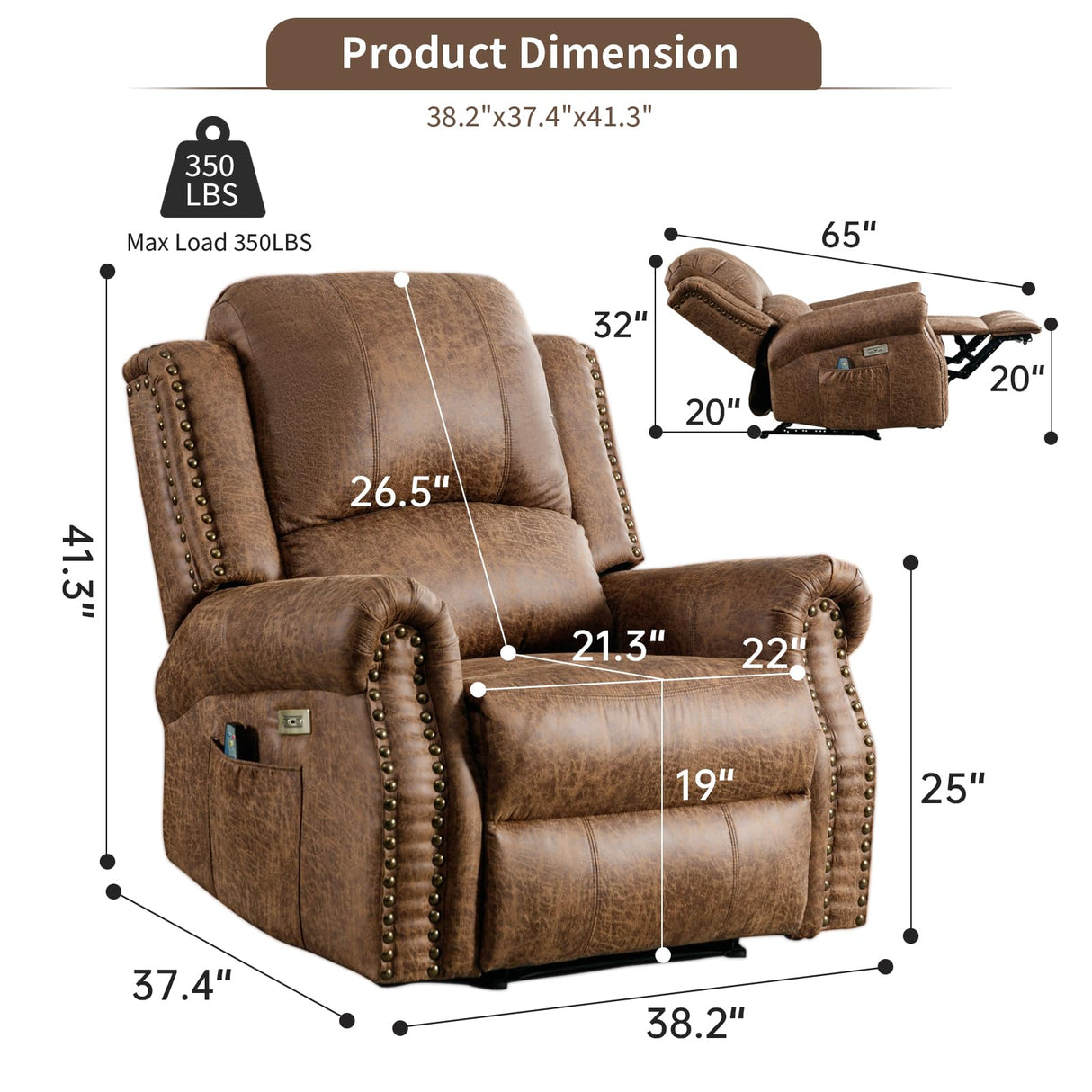 HAOMARKETS Classic Power Recliner Chair with Massage and Heat, Breathable Faux Leather Electric Recliner with USB Port, Overstuffed Reclining Sofa with Rivets for Living Room, Brown HAOMARKETS