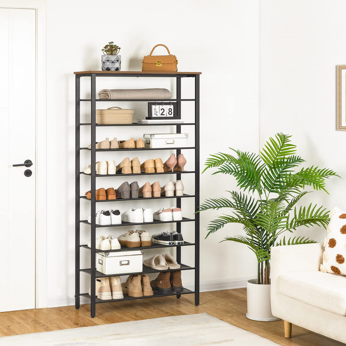 MAHANCRIS 10-Tier Shoe Rack, Shoe Organizer for Entryway, Large Capacity Shoe Shelf, for 36-40 Pairs of Shoes, Stable Sturdy, Shoe Storage with 9 Metal Mesh Shelves, Rustic Brown SRHR1101Z MAHANCRIS