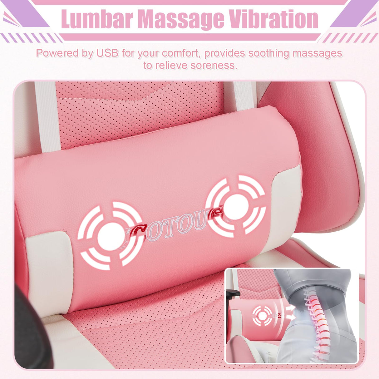 ECOTOUGE PC Gaming Chair Massage Ergonomic Office Desk Chair Racing PU Leather Recliner Swivel Rocker with Headrest and Lumbar Pillow, Pink-White ECOTOUGE