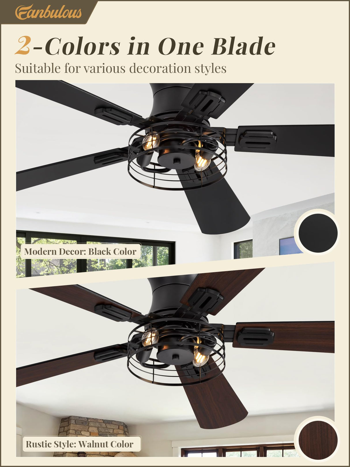 2 Pack Flush Mount 42 Inch Farmhouse Ceiling Fan with Light, Caged Ceiling Fans for Bedroom Living Room, Double-Sided 5 Blades Rustic Ceiling Fan-Black Fanbulous