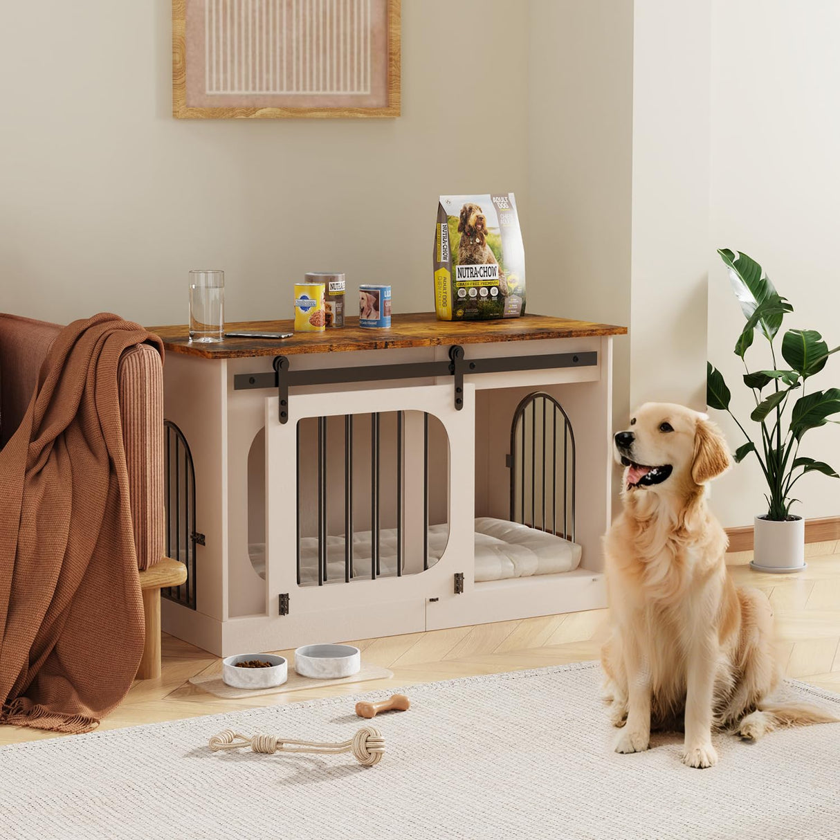 XXL Dog Crate Furniture,47.2 Inches White Kennel Furniture with Cushion Decorative Farmhouse Crate Indoor Thick Wooden Pet House End Table Modern Cage Furniture for Medium/Large Dog YDTOP