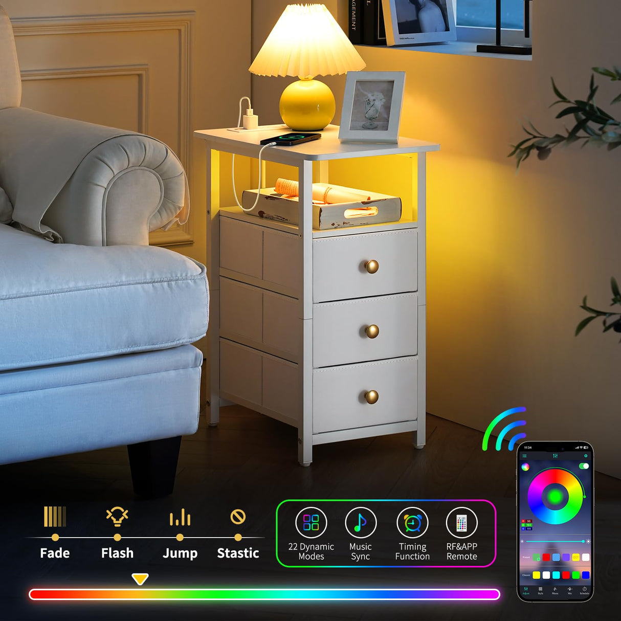 Yoobure End Table with Charging Station, LED Narrow Side Table Bedside Table, Small Night Stand End Tables Living Room, Skinny Nightstand with 3 Fabric Drawers, Side Tables Bedroom for Small Spaces Yoobure