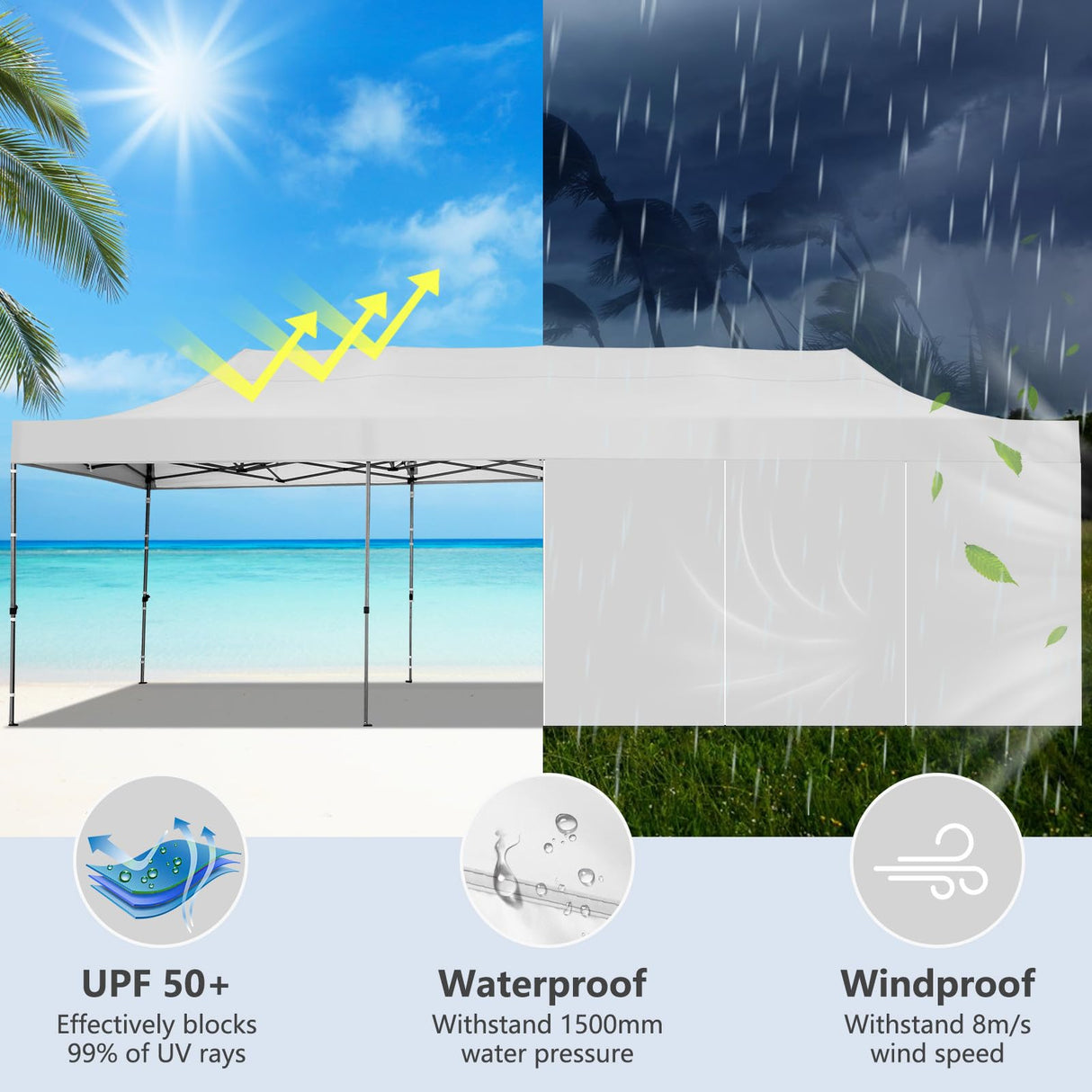 COBIZI 10x30 Pop up Canopy Tent Heavy Duty with 8 Sidewalls, Easy Set-up Commercial Outdoor Party Tent, 100% Waterproof Wedding Tent Gazebo, 3 Height Adjustable with Wheeled Bag, White COBIZI