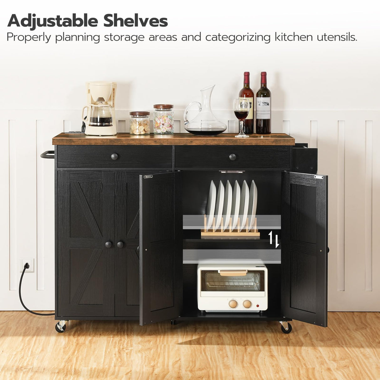 HOOBRO 43.3 Inch Kitchen Island with Charging Station, Rolling Kitchen Island with Storage, Kitchen Island Cart with Spice Rack and Hooks, for Kitchen, Living Room, Rustic Brown and Black BF11UZD01 HOOBRO