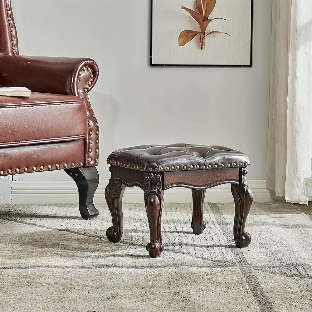 HOOTSMALL Footstool and Ottomans Small Foot Stool with Fiber Leather Wooden Foot Rest Upholstered Footrest for Living Room Bedroom (Dark-Brown) HOOTSMALL