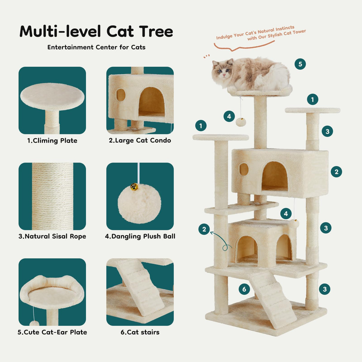 DUMOS 54-inch Indoor Cat Tree Tower –Multi-Level Pet House for Large Cats with 2 Condos, Scratching Posts, Round Platform, Small Ladder, and Toys, Beige DUMOS