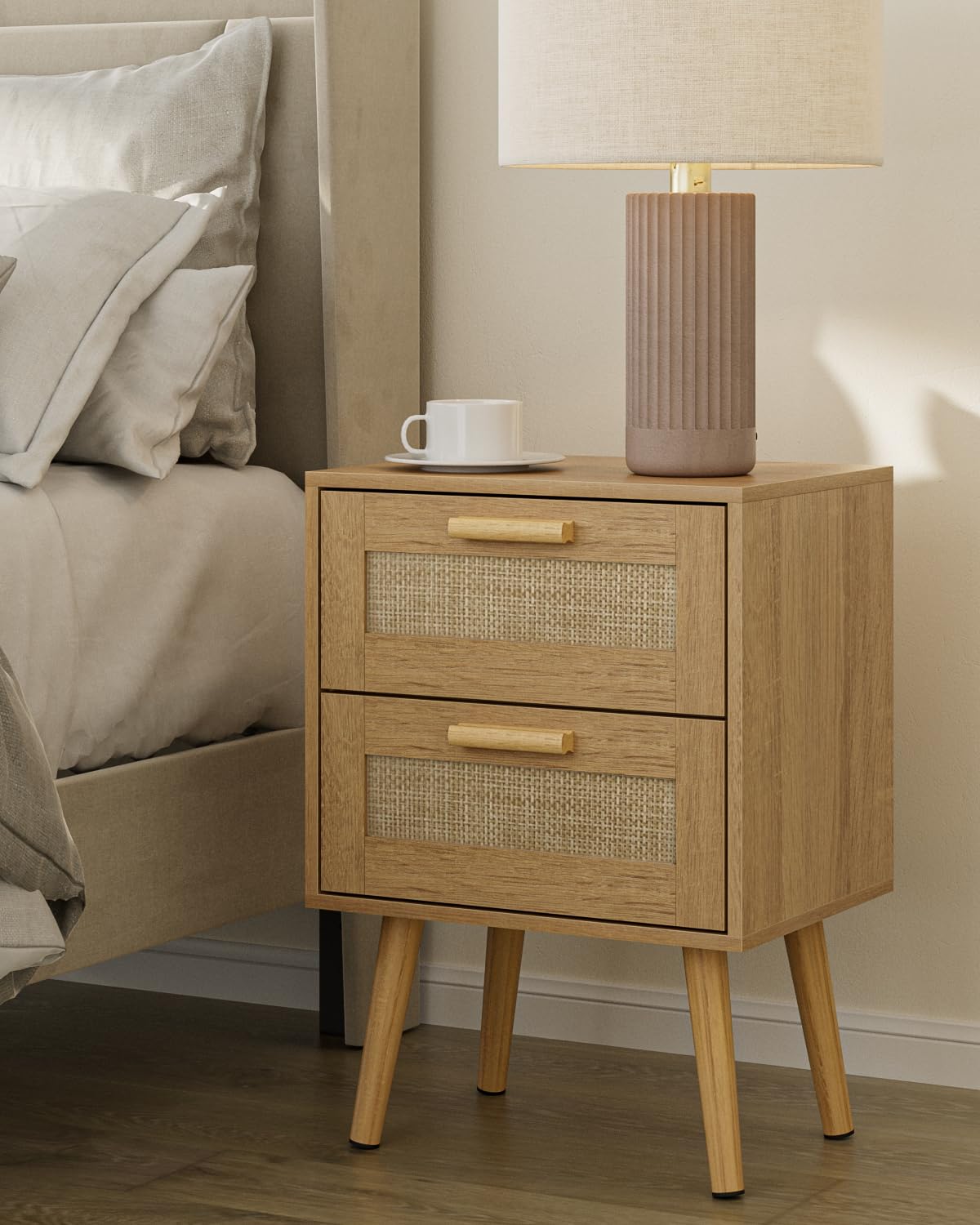 Masupu Rattan Night Stand,Modern nightstand Boho Bedside Table with 2 Drawer,Small End Side Table for Bedroom,Living Room,Office,Natural Masupu