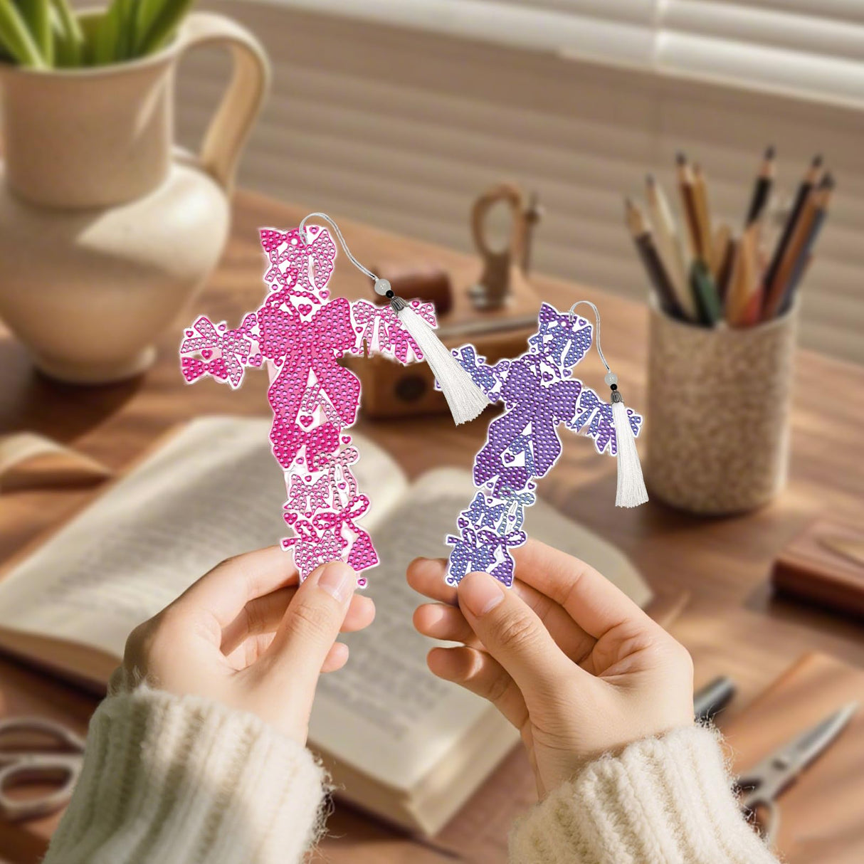 Cross Diamond Art Painting Bookmarks - 6 PCS Colorful Bow Design Bookmarks Kit with Tassel DIY Coquettte Gem Art Craft Christmas New Year Religions Birthday Gift for Reading Lovers INCOK