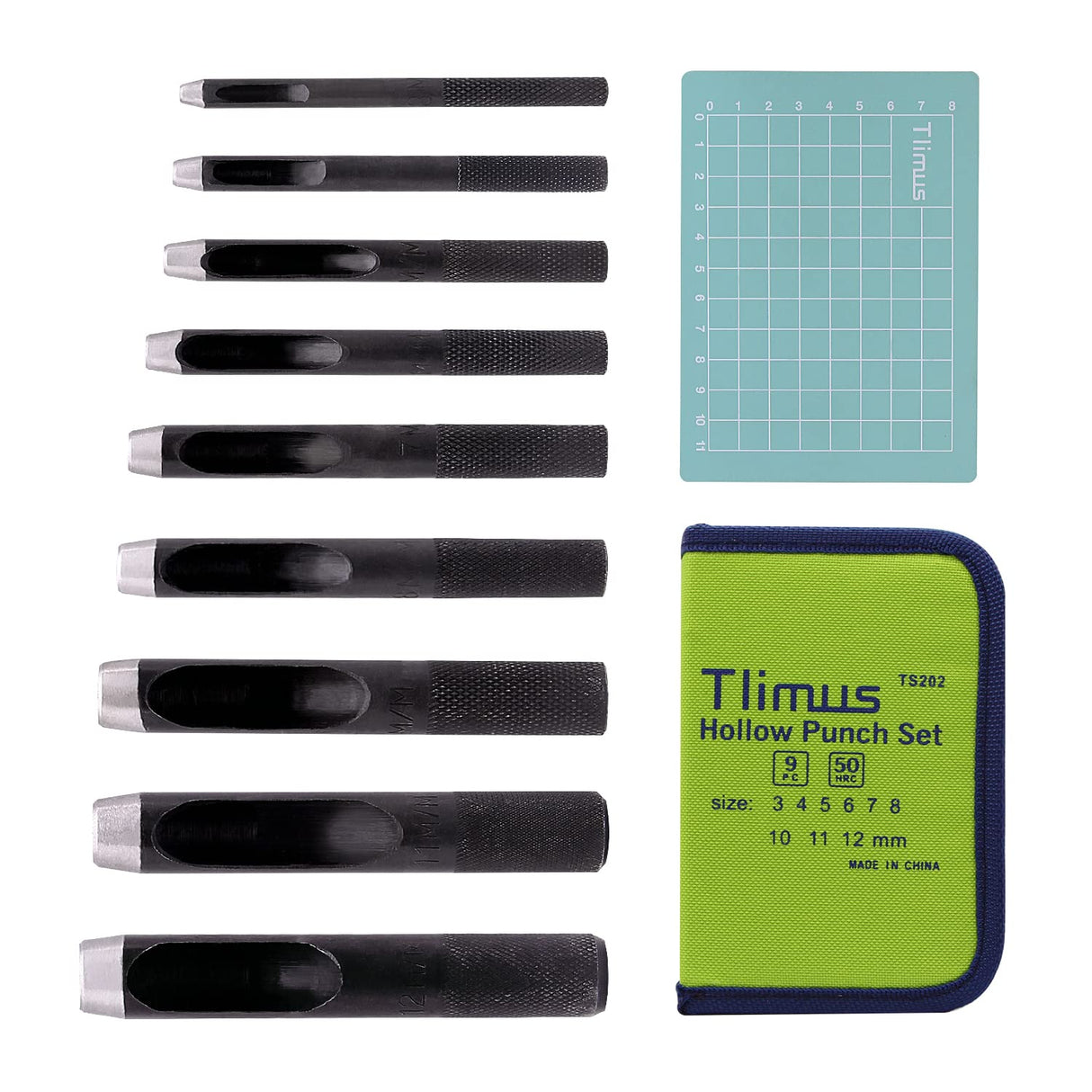 Tlimus 9 Pieces Heavy Duty Round Punch Set(3mm-12mm) with a Free Cutting Pad, Leather Hole Punch Set with Storage Case is Widely Used in Watch Straps, Belts, Cloth, Leather Gaskets(9 Black) Tlimus