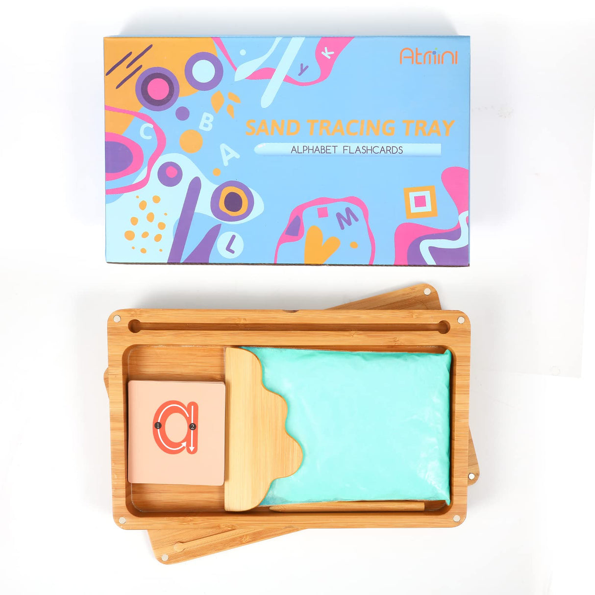 AtMini Sand Tray for Classroom Montessori Sand Tray with Lid Wooden Sand Trays for Kids Writing Letters and Numbers (Blue) AtMini