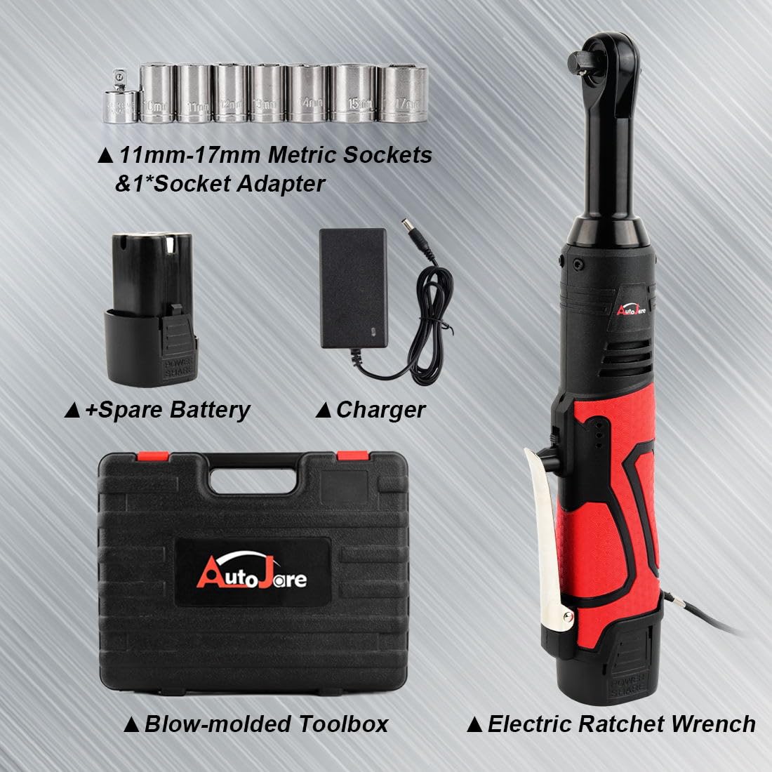 AUTOJARE Extended 18V Cordless Electric Ratchet Wrench Set 3/8" Drive 450RPM Power Ratchet Tool Kit 60 ft-lbs Cordless Ratchet Kit with 1/4" Socket Adapter, 7pcs Socket, Charger and 2pcs Batteries AUTOJARE