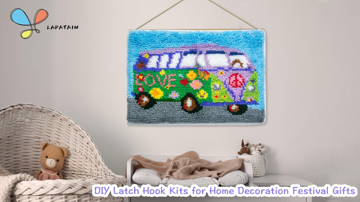 LAPATAIN Latch Hook Kits DIY Crochet Yarn Kits,Flower Car Carpet Embroidery Hook Rug Kit Needlework Sets Cushion for Kids or Adults Home Decor 20x15inch LAPATAIN