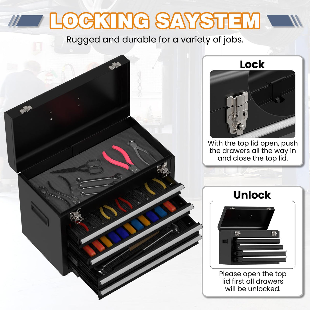 Tool Chest, 5-Drawer Rolling Tool Chest with Detachable Top Tool Box, Tool Box with Wheels, Metal Tool Cart for Garage Warehouse Workshop (Black) Xalvora