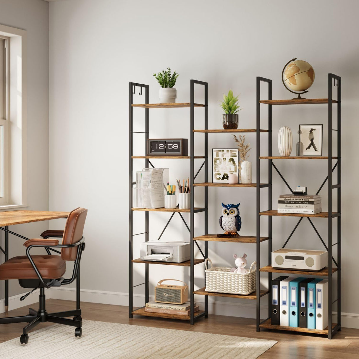 DSNAPE Triple Wide 5 Tier Bookshelf, 67" H Tall Industrial Bookcase with 14 Open Book Shelves, 4 Bonus Hooks and Adjustable Feet, Large Display Storage for Living Room, Office, Rustic Brown DSNAPE