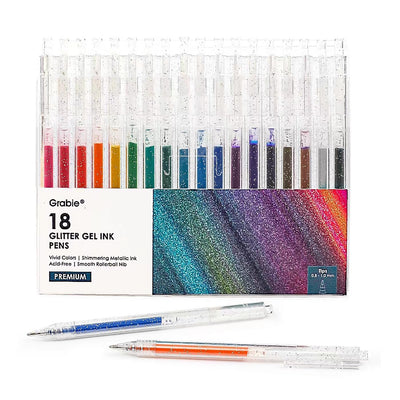 Grabie Glitter Gel Pens 18 Colors, Metallic Vibrant Sparkle Gel Pens for Coloring, Retractable Sparkle Glitter Pens for Adults,Colored Gel Pens for Adult Coloring Books and Drawing