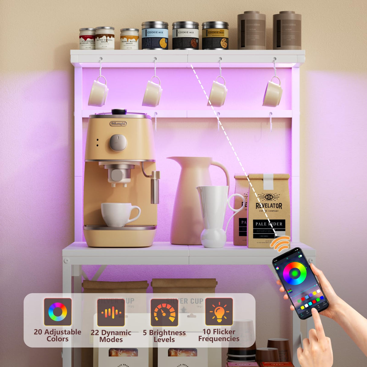 Korfile Kitchen Bakers Rack with Power Outlet & LED Lights, Small Coffee Bar Table with Adjustable Storage Shelf, 4 Tiers Microwave Stand with 8 Hooks, Coffee Station for Appliance Organizer, White Korfile