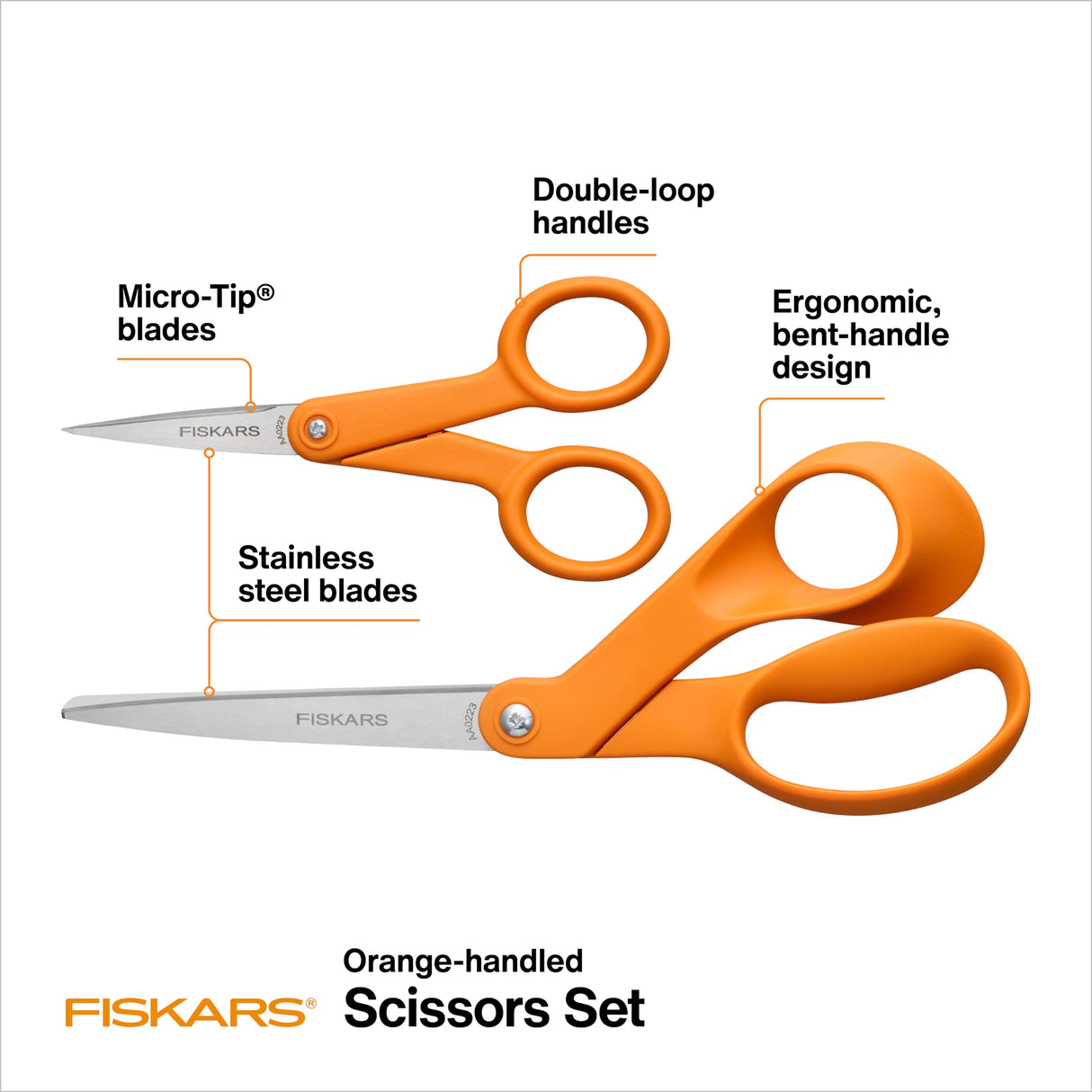 Fiskars Original Orange Handled Scissors 2-Piece Set, 5" Micro Tip and 8" Stainless Steel Scissors, Paper and Fabric Supplies for Office and Arts and Crafts Set, Orange Fiskars