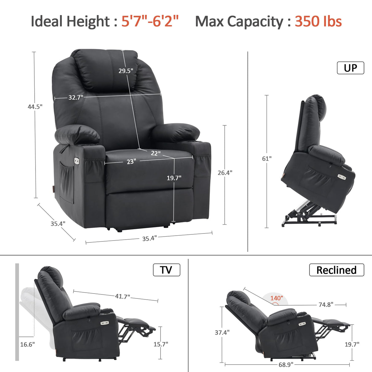 MCombo Large Power Lift Recliner Chair with Massage and Heat for Tall Elderly People, 3 Positions, Cup Holders, and USB Ports, Faux Leather 7516 (Large, Black) MCombo