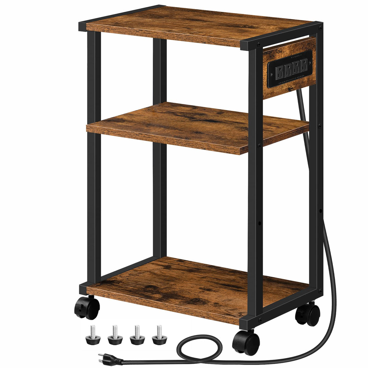 HOOBRO Industrial Printer Stand with Charging Station, 3-Tier Printer Table, Rolling Printer Cart with Adjustable Shelf and Hook, Rustic Brown and Black BF28UPS01 HOOBRO